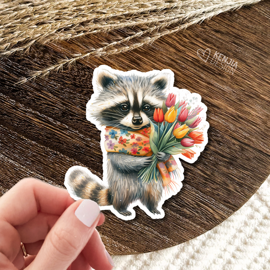 Raccoon With Summer Flowers Stickers / Watercolor Tulip Stickers / Cute Animal Sticker