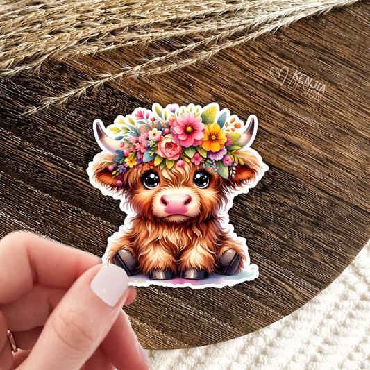 Cute Baby Highland Cow Stickers / Floral Farm Animal Lover / Cute Fluffy Calf / Farm Life / Moo Moo Scottish Cow Laptop & Kindle Stickers