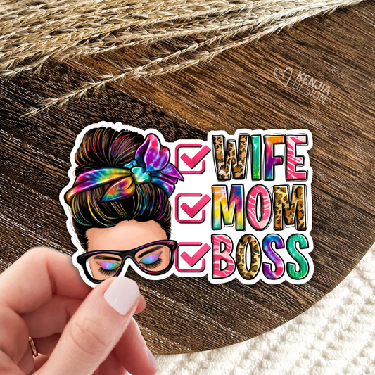 Wife Mom Boss Stickers / Messy Bun / Western Mother's Day Gifts / Mama Funny Quote /  Mom Life / Motherhood Stickers