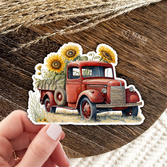 Sunflowers Vintage Red Truck Stickers / Watercolor Sunflower Summer Stickers / Botanical Art / Floral Stickers / Kindle Stickers