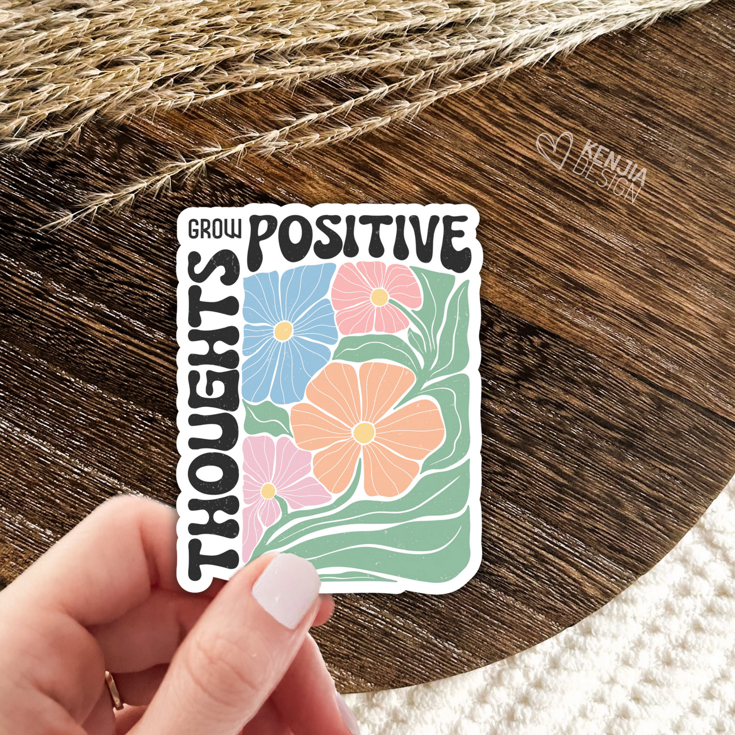 Grow Positive Thoughts Stickers / Floral Self Care Stickers / Mental Health Waterproof Vinyl Sticker / Retro Aesthetic Flowers Decal