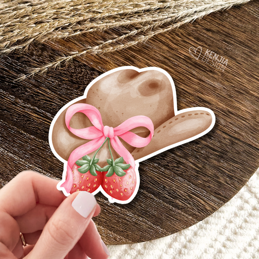 Coquette Aesthetic Cowgirl Stickers & Magnets / Western Sticker / Cowgirl Hat / Cute Pink Strawberry Bow Ribbon / Girl Gifts / Cowboys Lover