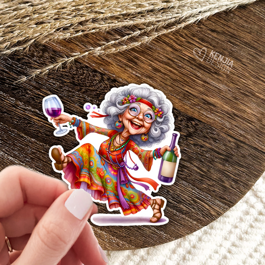 Wine Lover Old Lady Stickers / Funny Crazy Elderly Woman Stickers / Cute Whimsical Grandma Gift / Wine Humor Time / Vintage Kindle Stickers