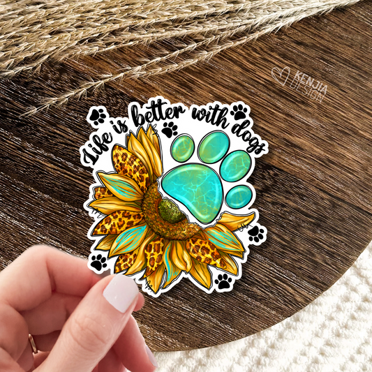 Dog Lover Stickers / Life Is Better with Dogs Stickers & Magnets / Cute Dog Paw / Western Sunflower Waterproof Stickers / Animal Love