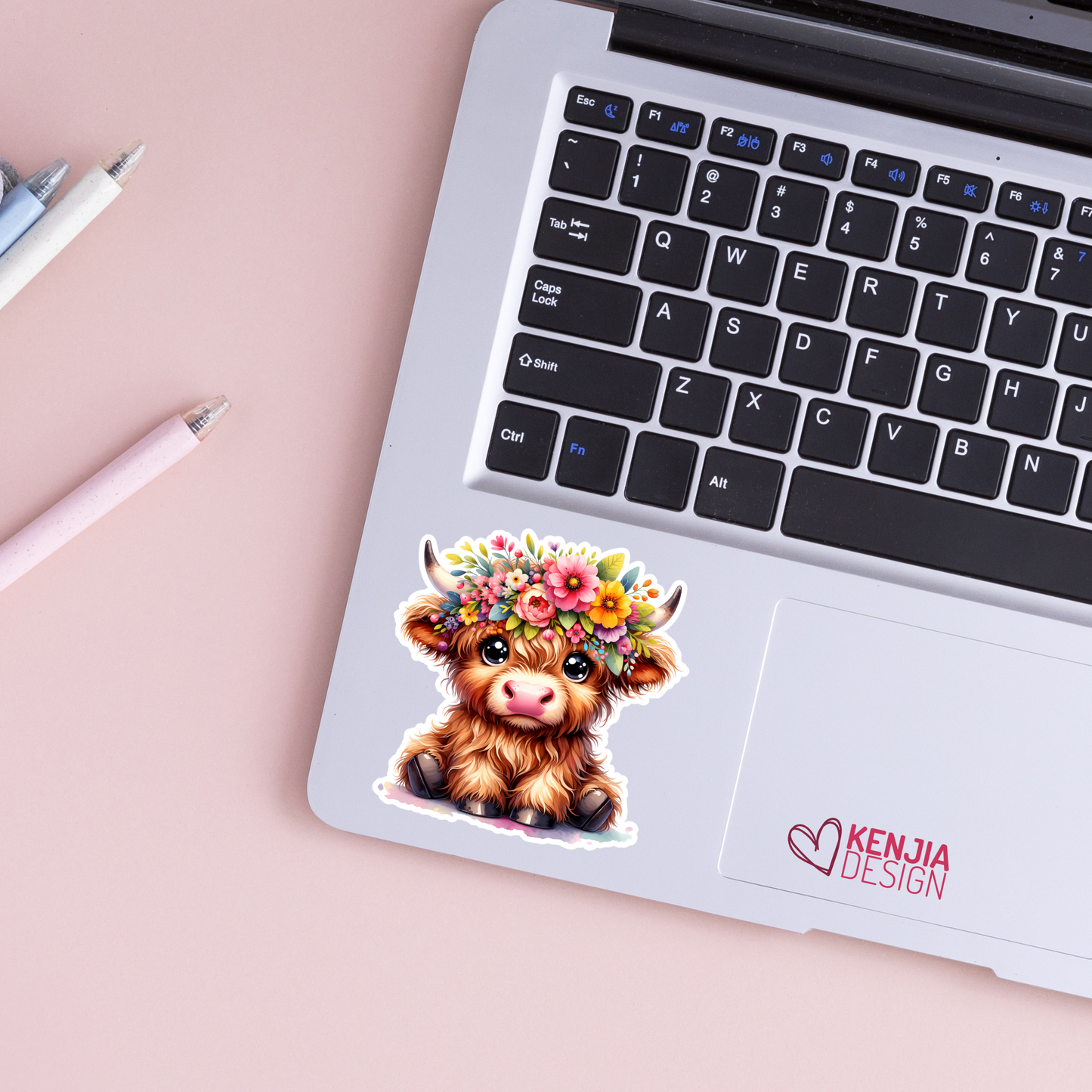 Cute Baby Highland Cow Stickers / Floral Farm Animal Lover / Cute Fluffy Calf / Farm Life / Moo Moo Scottish Cow Laptop & Kindle Stickers