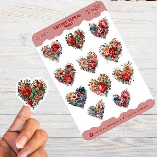 Floral Heart Sticker Sheet | Vintage Sticker Sheet | Kenjia Design