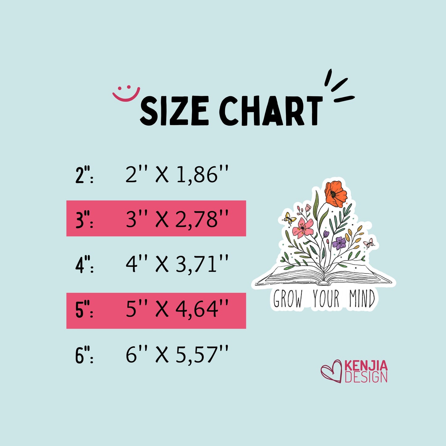 Size Chart for Grow your Mind 
Mental Health Stickers and Fridge Magnet / Cute Book Lover Gift for Reading Journal, Kindle Stickers, Bookish Stickers Merch forTeacher / Career Reading, Mind Body Soul for Selfcare Planner Positive Sticker